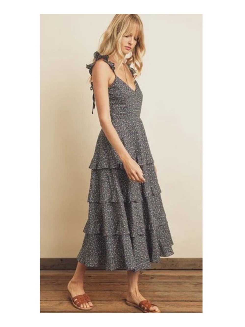 Dress Forum Floral Tie-Shoulder Tiered Midi Dress
